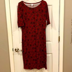 Lularoe Julia brick red with brown/gold flowers.